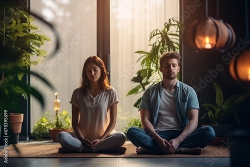 Healthy serene young couple, woman and man meditating at home, relaxing body and mind sitting on floor in living room. Mental health and meditation for no stress. photo