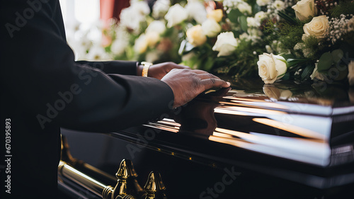 The Last Farewell, Hands on the coffin during the funeral. Generative AI