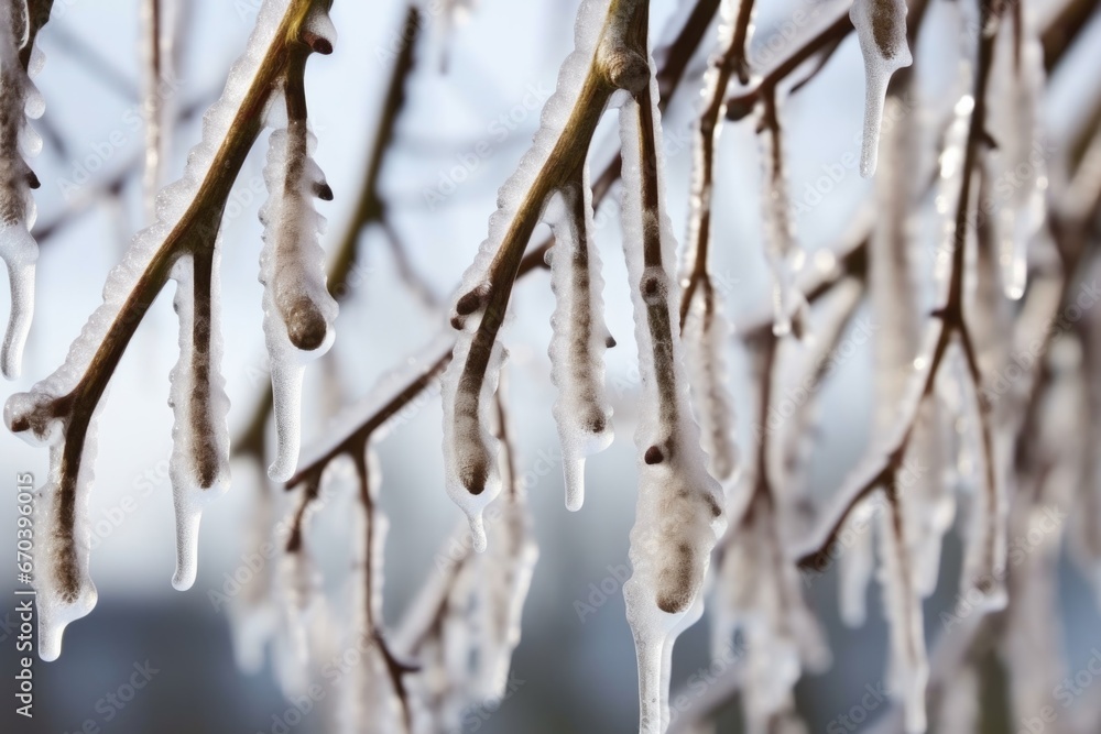 close up of icicles hanging from a vine