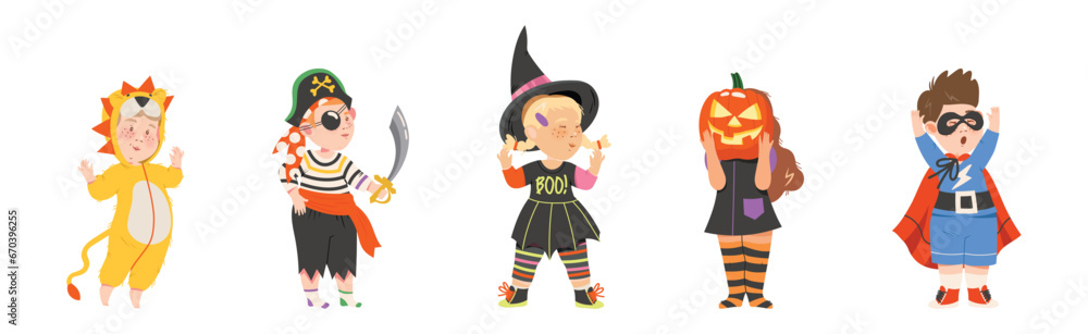 Little Kids in Halloween Costume and Dress Vector Set Little Kids in Halloween Costume and Dress Vector Set