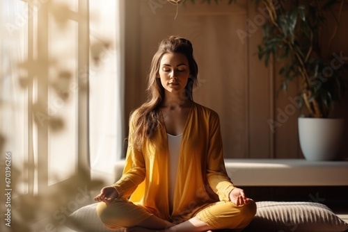 Healthy serene young woman meditating at home  relaxing body and mind sitting on floor in living room. Mental health and meditation for no stress.