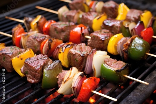 brazilian churrasco skewers lined up on a barbecue grill