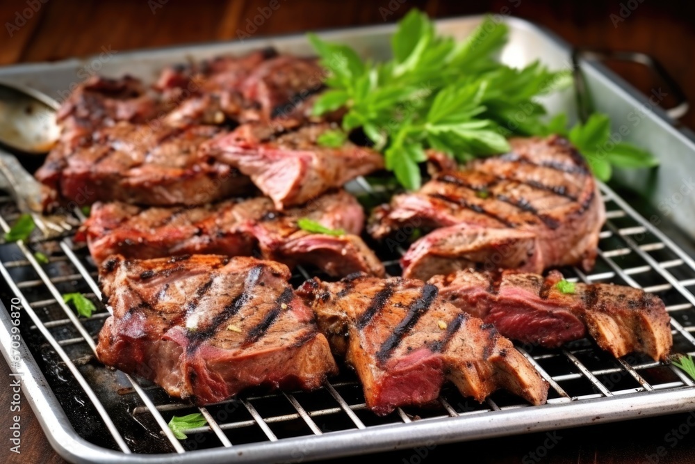 a pile of grilled lamb chops with clear grill marks on a metal tray