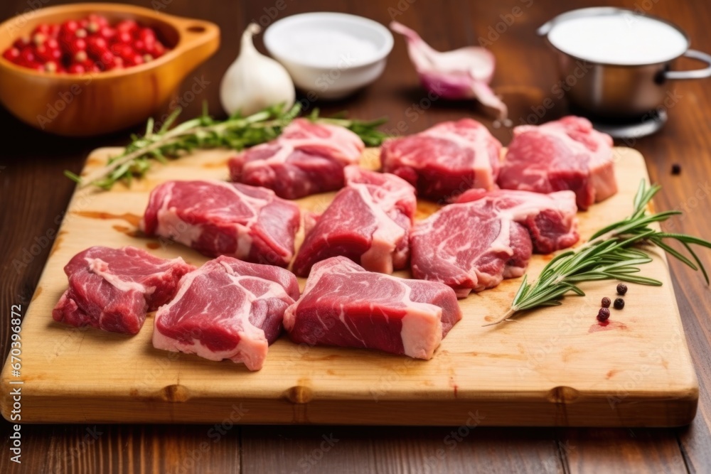 raw lamb chops with marked by a clean grill on a board