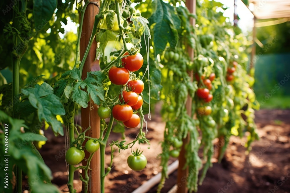 a vegetable patch with ripe tomatoes dangling
