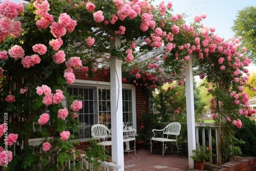 a pergola with climbing roses in full bloom
