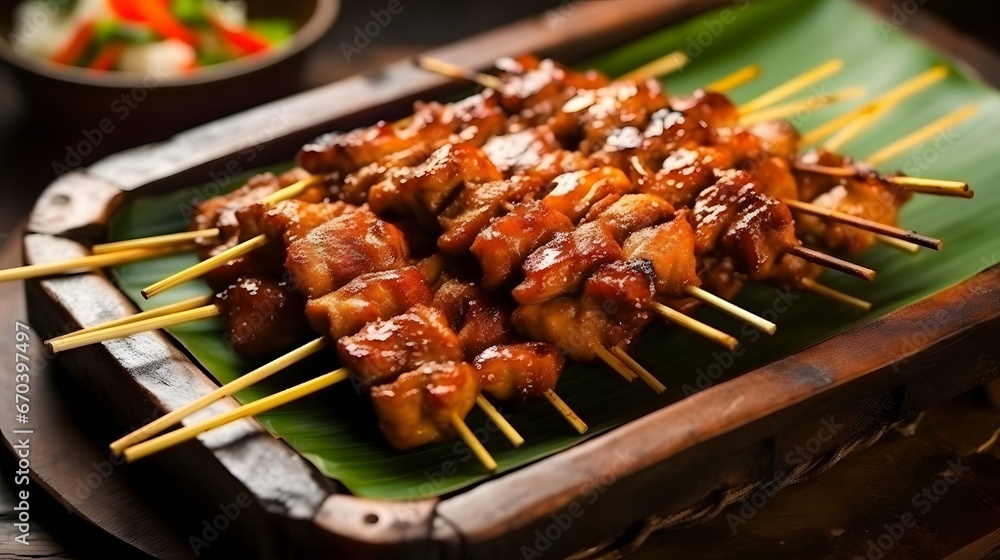 indonesian sate sticks made of chicken on mini presentation grill on restaurant table, delicious traditional food