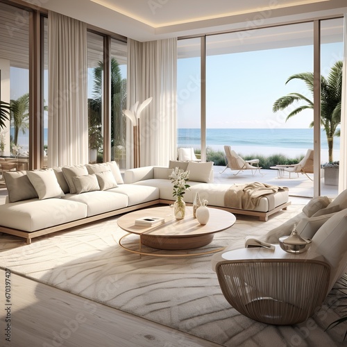 illustration of Photorealistic rendering of a living room in beach, Generative ai