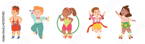 Happy Children Doing Sport Physical Activity Vector Set