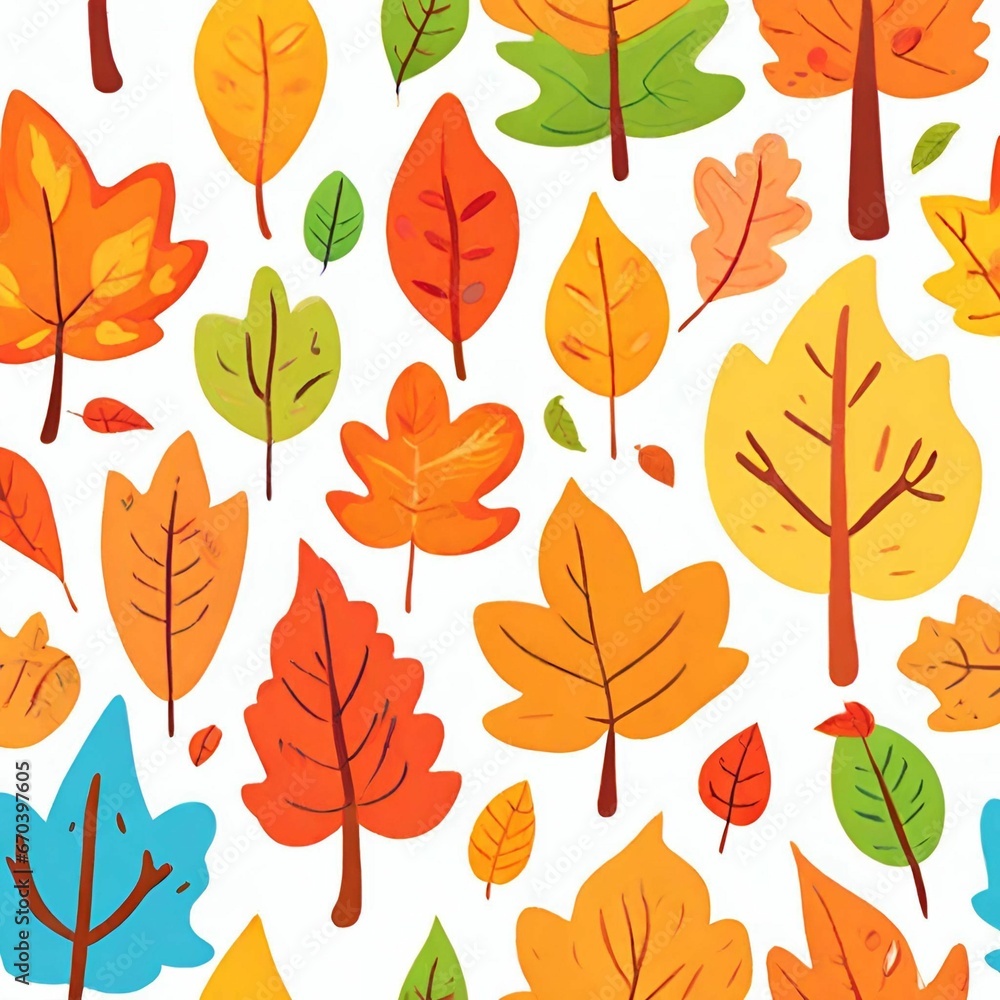 Fototapeta premium Autumn leaves pattern. Falling leaf seamless background with Oak, maple, chestnut, linden, aspen, walnut and rowan foliage in cartoon style. Autumn mood forest print, generative AI