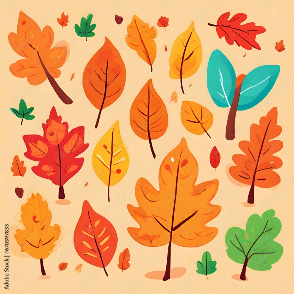 Fototapeta premium Autumn leaves pattern. Falling leaf seamless background with Oak, maple, chestnut, linden, aspen, walnut and rowan foliage in cartoon style. Autumn mood forest print, generative AI