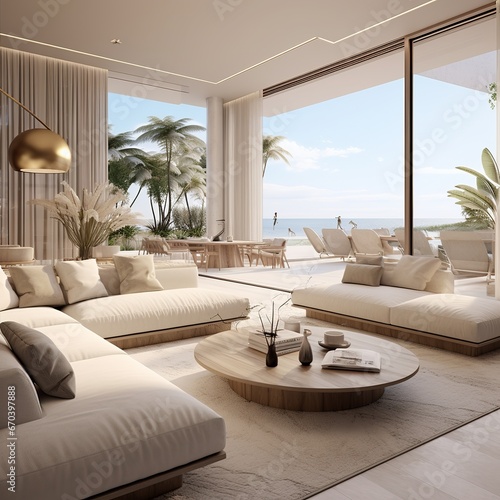 illustration of Photorealistic rendering of a living room in beach, Generative ai