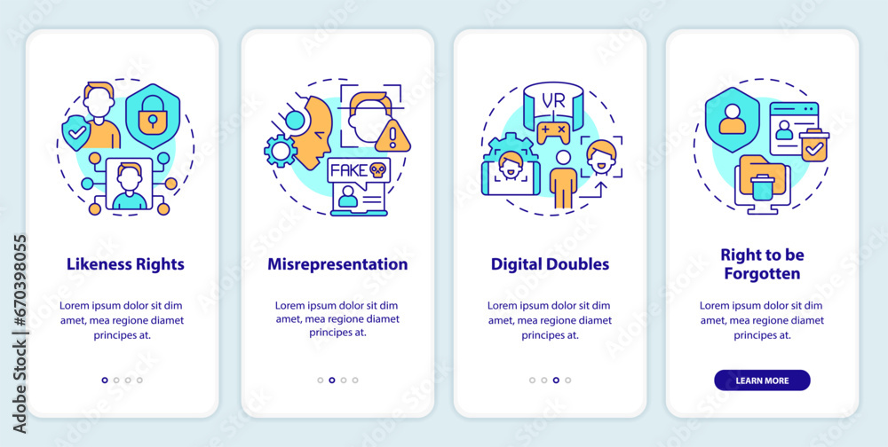 2D icons representing cyber law mobile app screen set. Walkthrough 4 steps multicolor graphic instructions with linear icons concept, UI, UX, GUI template.