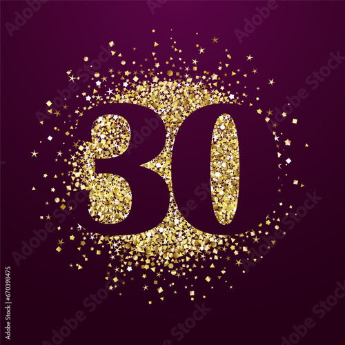 Top 30 gold symbol. Beautiful number 30 and golden circle. Holiday abstract backdrop. Isolated elements. 30 years old congrats concept. 30th anniversary celebrating idea. Up to 30 percent off template