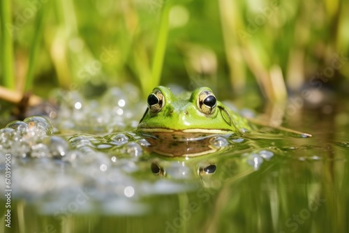 a frog laying eggs in a pond