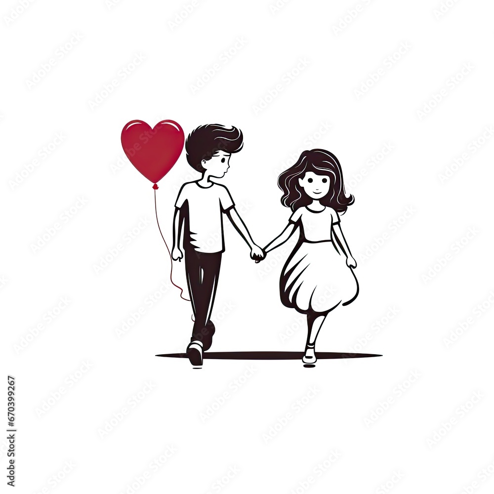 boy and a girl holding hands and a balloon - illustration of love on white background boy and a girl holding hands and a balloon - illustration of love on white background