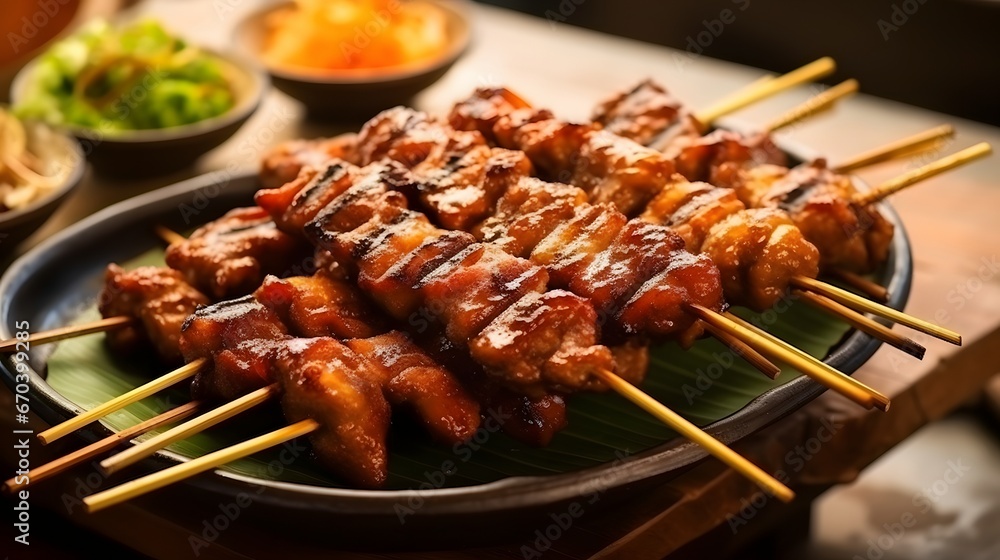 Homemade Sate Daging Sapi Bumbu Ketumbar or Coriander beef satay, served on plate with onion, chilli, soy sauce and tomato. Indonesian traditional food verry popular during Eid Al Adha moment