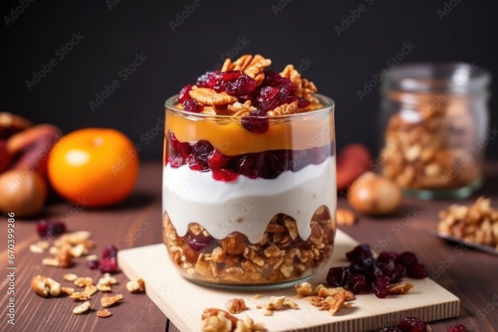 adding dried fruits in oats parfait adding dried fruits in oats parfait