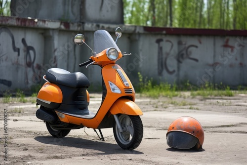 a scooter and helmet on a concrete park ground