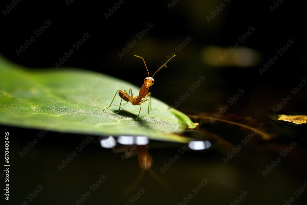 Fototapeta premium a small red ant on a leaf in a pond, in the style of dark surrealism