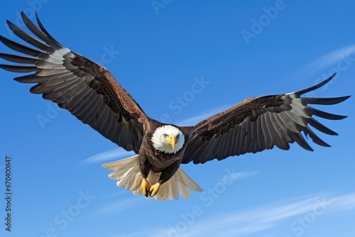 close-up of a bald eagle soaring against a clear blue sky © altitudevisual