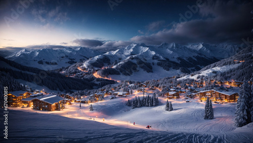 Ski resort at night, A vibrant ski resort with brightly lit slopes and a starry night sky, captures the excitement and energy of winter sports and nighttime activities, generative Ai