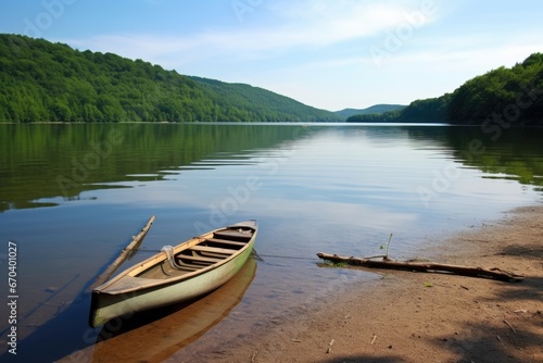 unattended rowing boat & oars on a peaceful lakeshore © altitudevisual