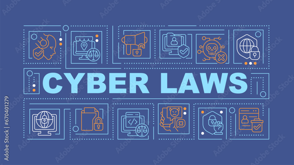 2D cyber laws text with various thin line icons concept on dark blue monochromatic background, editable 2D vector illustration.