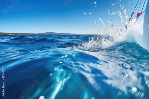 sailboat stern wave wake on clear blue water photo