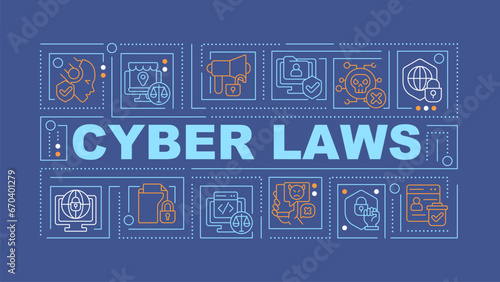 2D cyber laws text with various thin line icons concept on dark blue monochromatic background, editable 2D vector illustration.