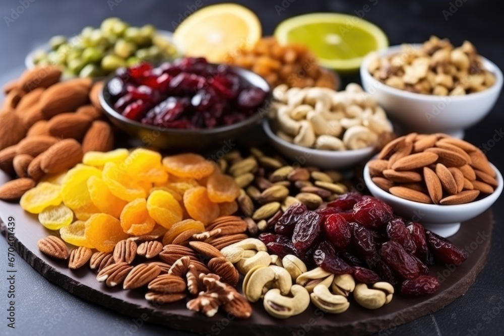 close view of nuts and dried fruits as healthy snacks