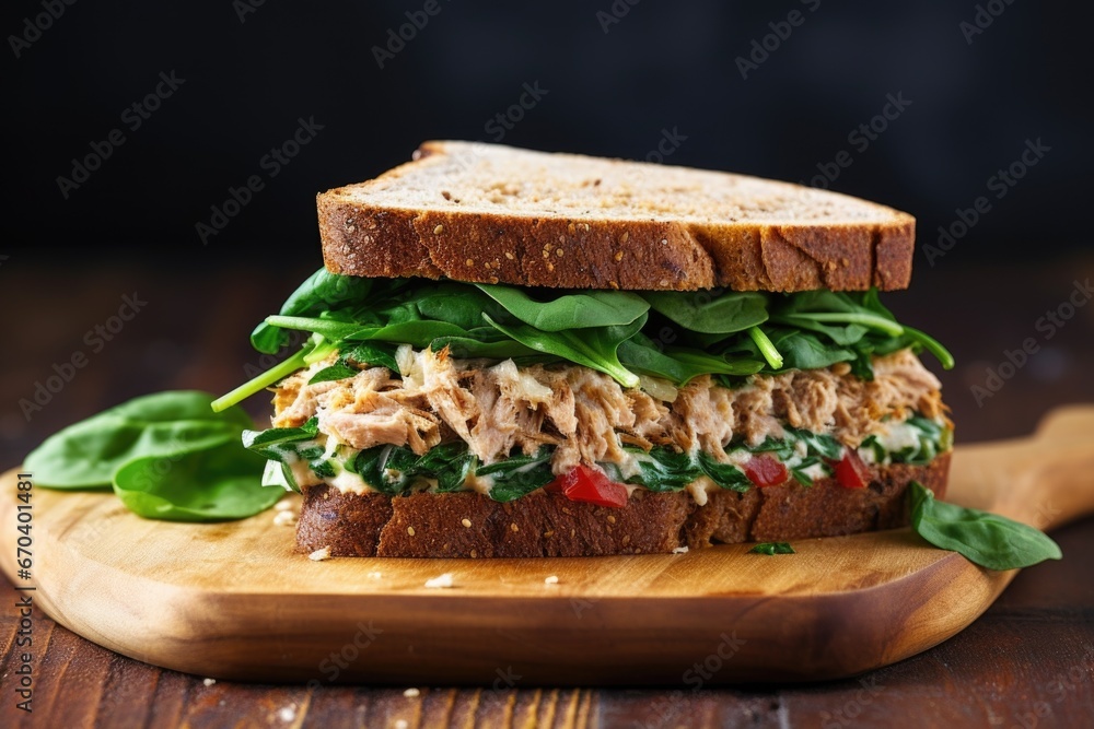 a freshly made tuna salad sandwich on whole grain bread