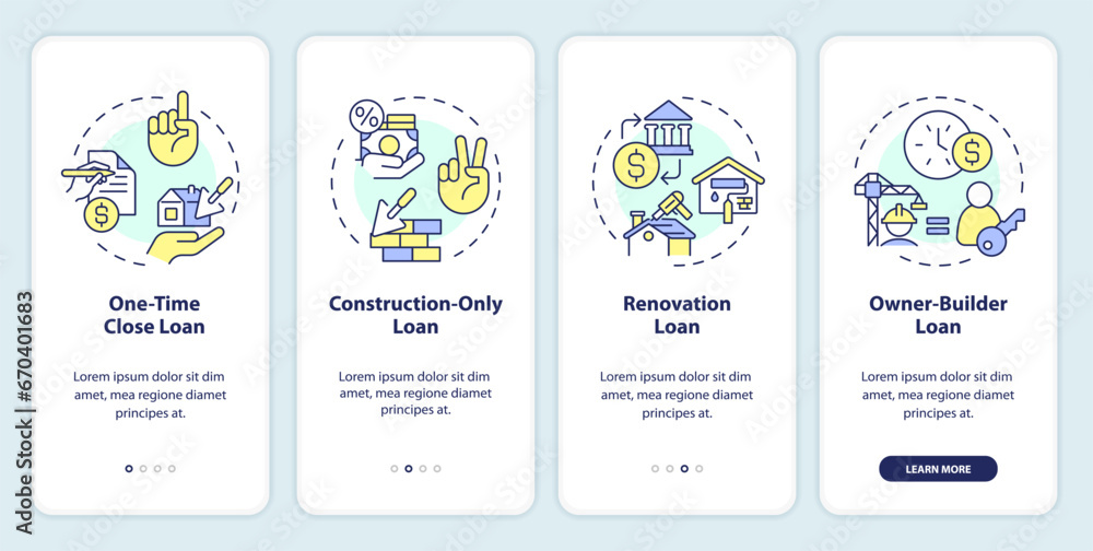 2D linear icons representing construction cost mobile app screen set. Walkthrough 4 steps multicolor graphic instructions with concept, UI, UX, GUI template.