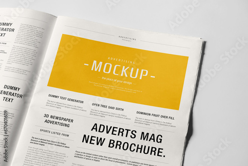 Newspaper Advertising Banner on Magazine, Brochure Mockup 3D Rendering photo