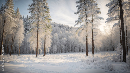 Snow-covered forest, A dense forest with tall, snow-covered trees stretching towards the sky, showcases a serene winter landscape with a light dusting of snow on the ground, generative Ai