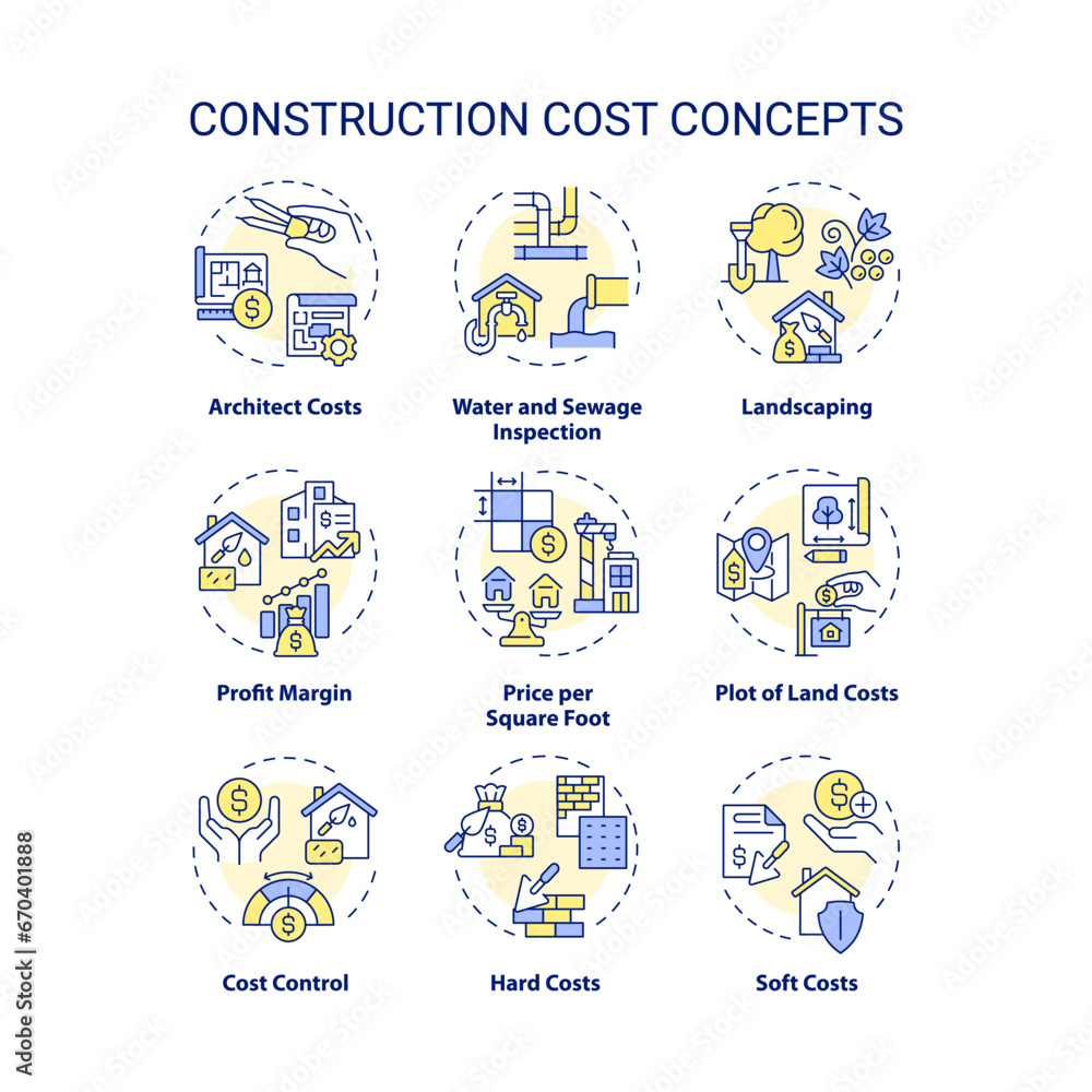 Fototapeta premium Set of 2D editable colorful thin line icons representing construction cost, isolated vector, linear illustration.