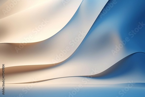 抽象背景テンプレート。ベージュと青のペーパークラフト風の曲線的な壁と床がある空間