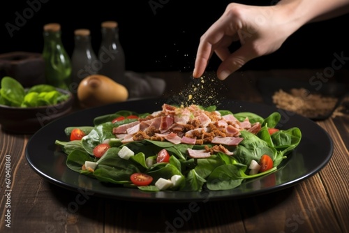 hand arranging bacon bits around a spinach salad on a dark plate