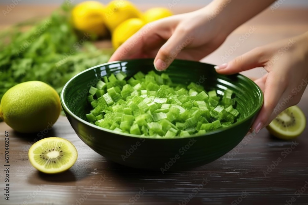 decorating a spirulina bowl with sliced kiwi decorating a spirulina bowl with sliced kiwi