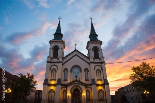 wide shot of a synagogue facade against the evening sky