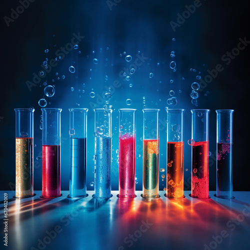 Closeup of test tube with colourful solution inside photo