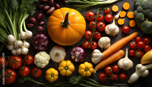 The natural freshness of a variety of vegetables like tomatoes, pumpkins, onions, garlic, carrots, and cauliflower