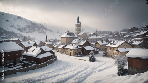 Snowy village during a blizzard, A picturesque village covered in snow, with charming houses and a small church, showcases the village during a blizzard, with snowflakes swirling through the air, gene