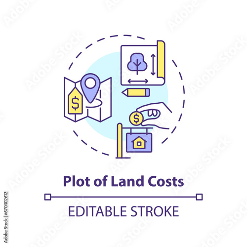 2D editable multicolor plot of land costs icon, simple isolated vector, construction cost thin line illustration.