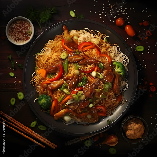 Beautifully decorated fried chicken noodle dish idea served in a luxury restaurant, food, dinner, lunch, restaurant, bell peppers, noodles, Chinese cabbage, green onions, AI generate.