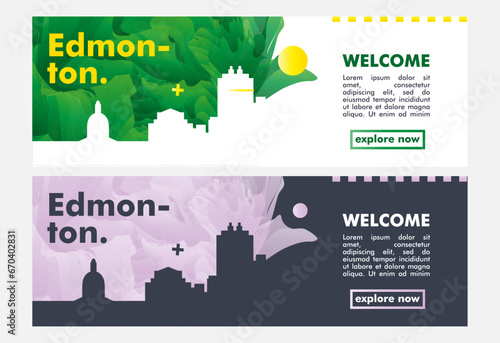 Canada Edmonton city banner pack with abstract skyline, cityscape, landmark and attraction. Alberta horizontal travel vector illustration layout set for website, page, presentation, header, footer