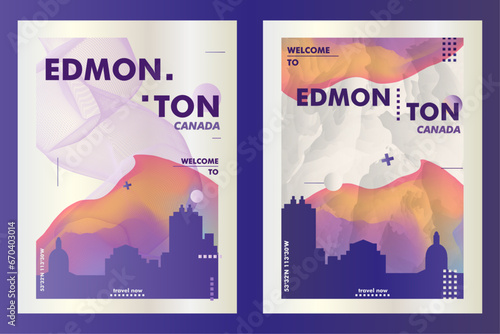 Canada Edmonton city poster pack with abstract skyline, cityscape, landmark and attraction. Alberta province vector illustration layout set for vertical brochure, website, flyer, presentation