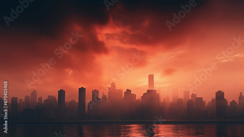 A city in fog at sunset