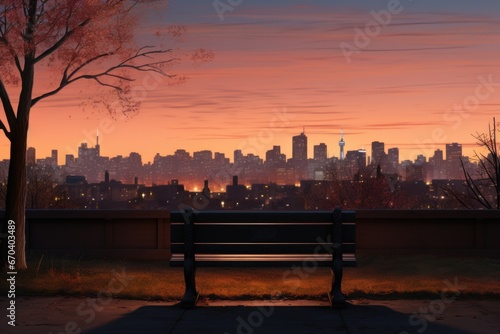 a park bench overlooking a city skyline at sunset