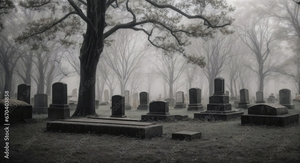 Whispers in the Mist: A Foggy Graveyard Scene with Aged Tombstones 